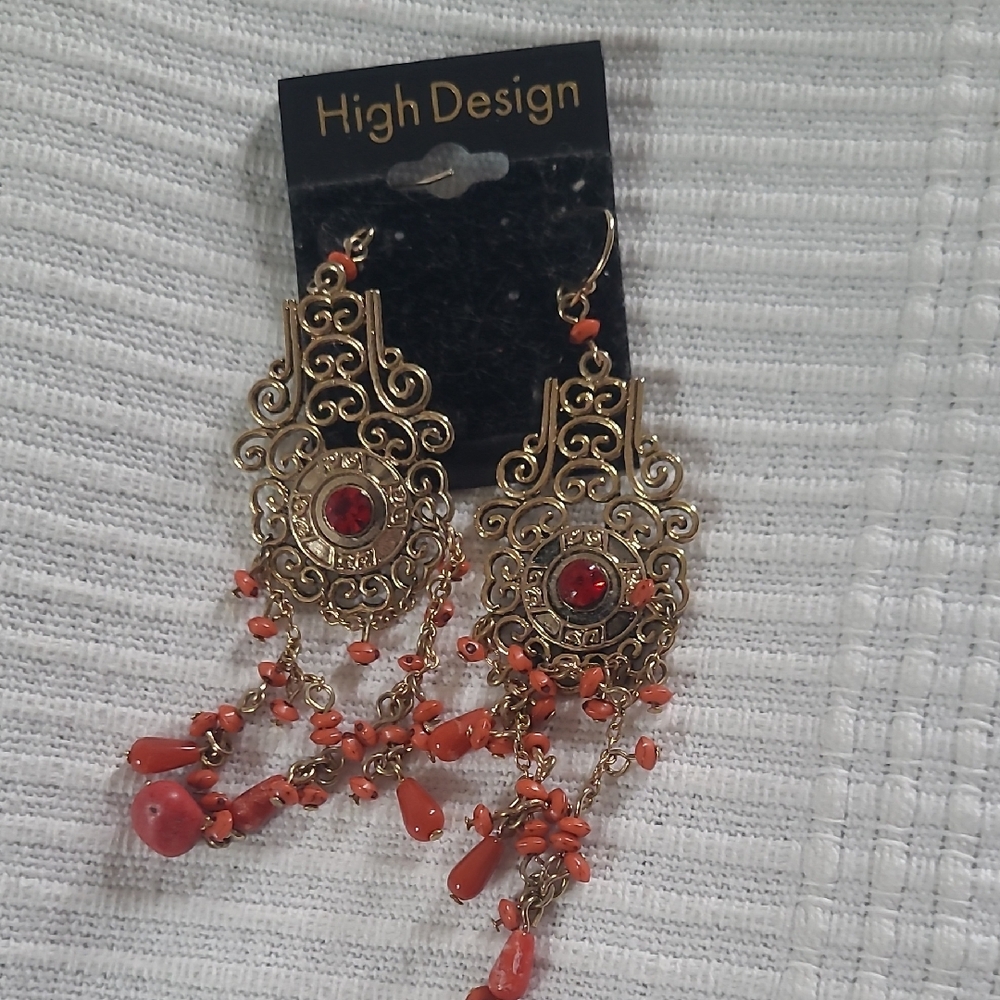 Gold and Red Chandelier Earrings